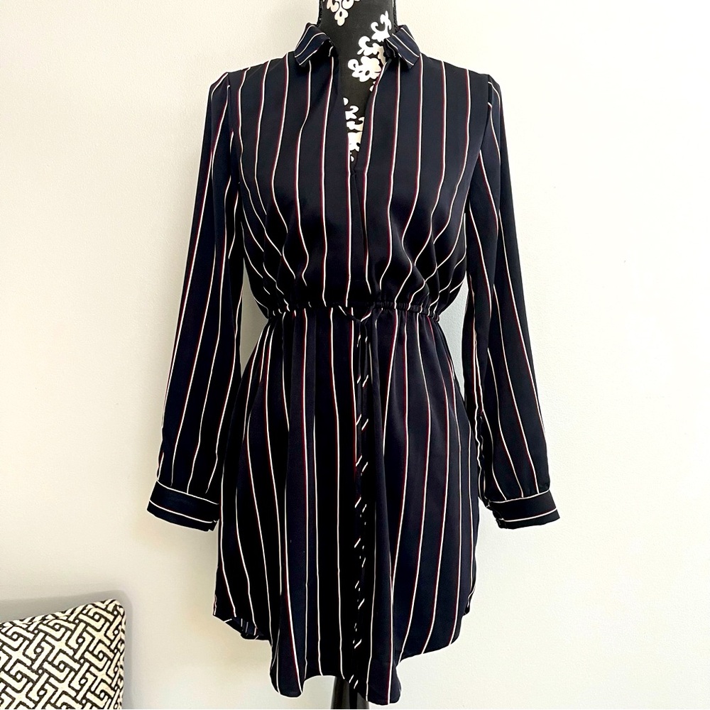 Lush Navy Long Sleeve Striped Shirt Dress with Pink Stripes